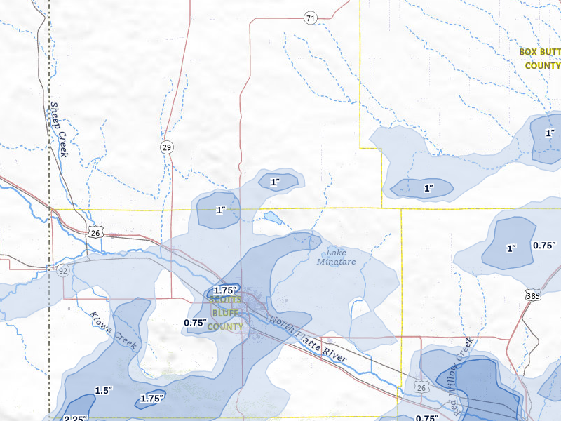 NEXRAD radar-signature map of the hail storm over Scottsbluff, NE on Jun 26, 2026