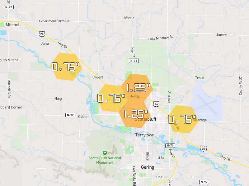 Hail map of Scottsbluff, NE on Jun 26, 2026, hail up to 1.25"
