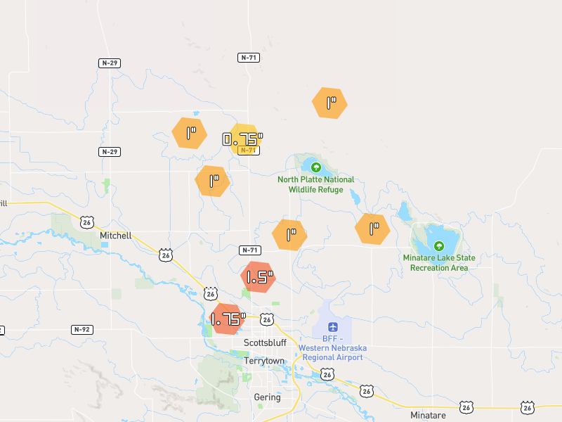 Hail map of Scottsbluff, NE on Jun 27, 2026, hail up to 1.75"
