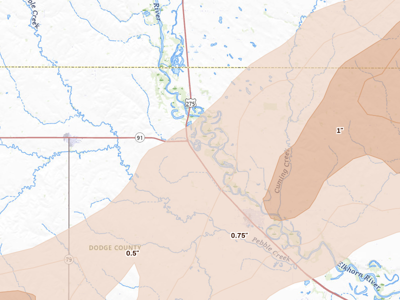 Radar-estimated hail-size map of the storm over Scribner, NE on Apr 23, 2026