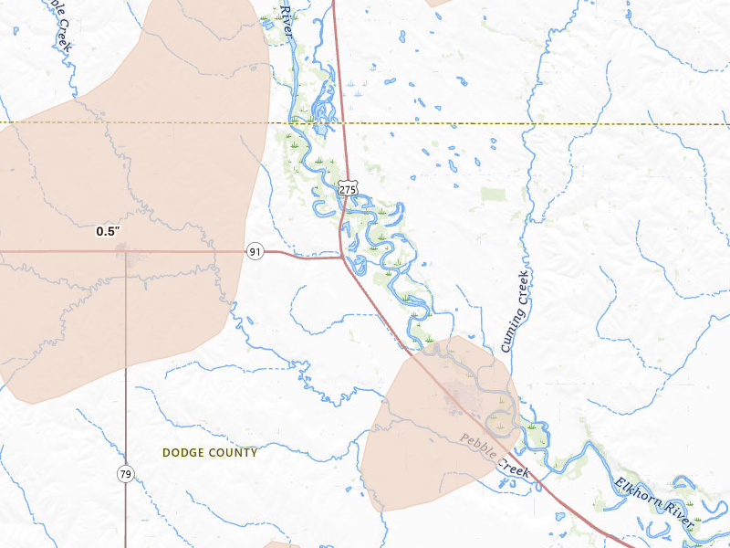 Radar-estimated hail-size map of the storm over Scribner, NE on May 17, 2026