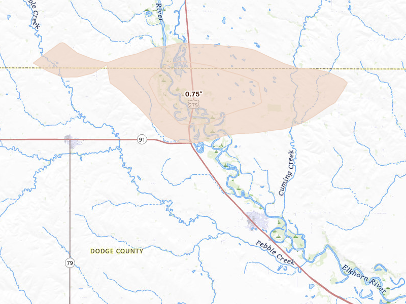 Radar-estimated hail-size map of the storm over Scribner, NE on May 31, 2026