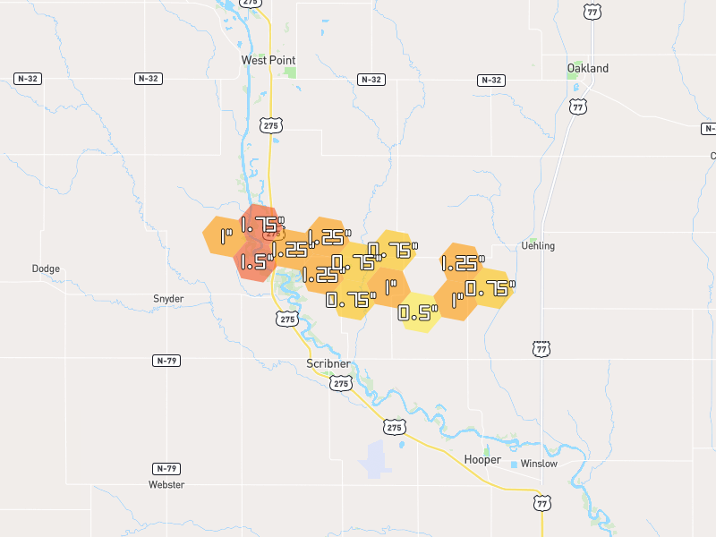 Hail map of Scribner, NE on Jun 1, 2026, hail up to 1.75"