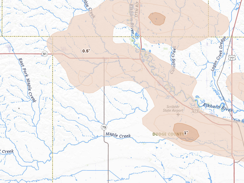 Radar-estimated hail-size map of the storm over Scribner, NE on Aug 11, 2026