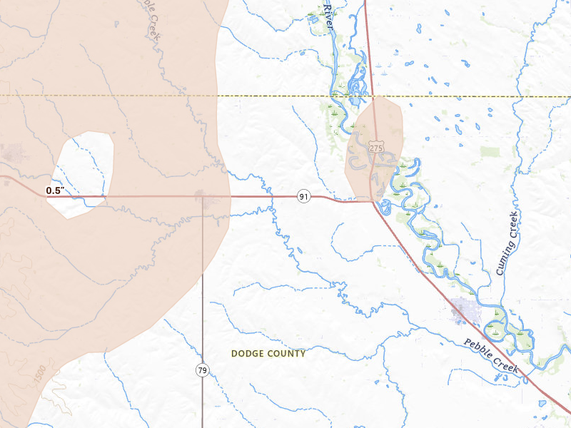 Radar-estimated hail-size map of the storm over Scribner, NE on Aug 12, 2026