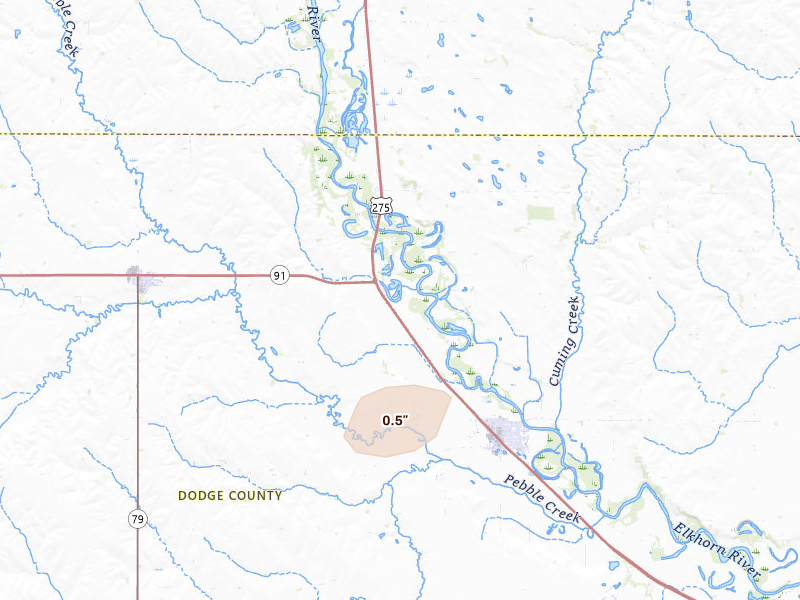 Radar-estimated hail-size map of the storm over Scribner, NE on Aug 13, 2026