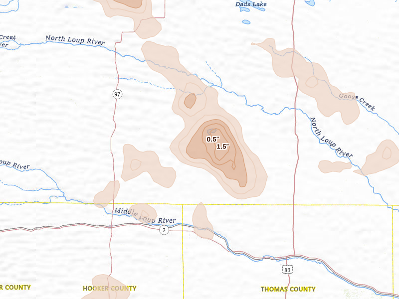 Radar-estimated hail-size map of the storm over Seneca, NE on Jul 9, 2026