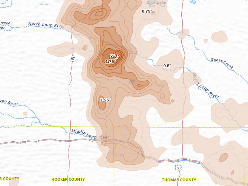Radar-estimated hail-size map of the storm over Seneca, NE on Jul 30, 2026