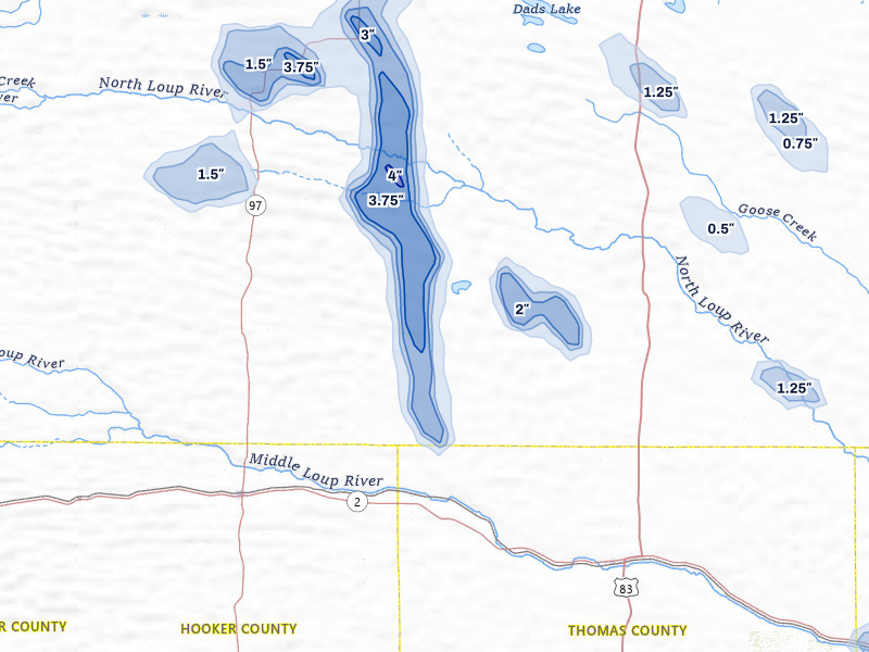 NEXRAD radar-signature map of the hail storm over Seneca, NE on Jul 30, 2026