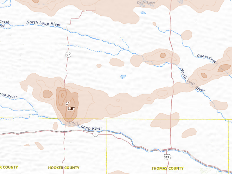 Radar-estimated hail-size map of the storm over Seneca, NE on Aug 17, 2026