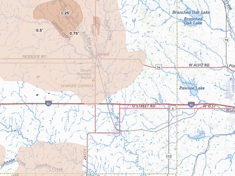 Radar-estimated hail-size map of the storm over Seward, NE on Apr 25, 2026