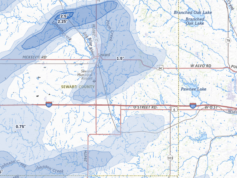 NEXRAD radar-signature map of the hail over Seward, NE