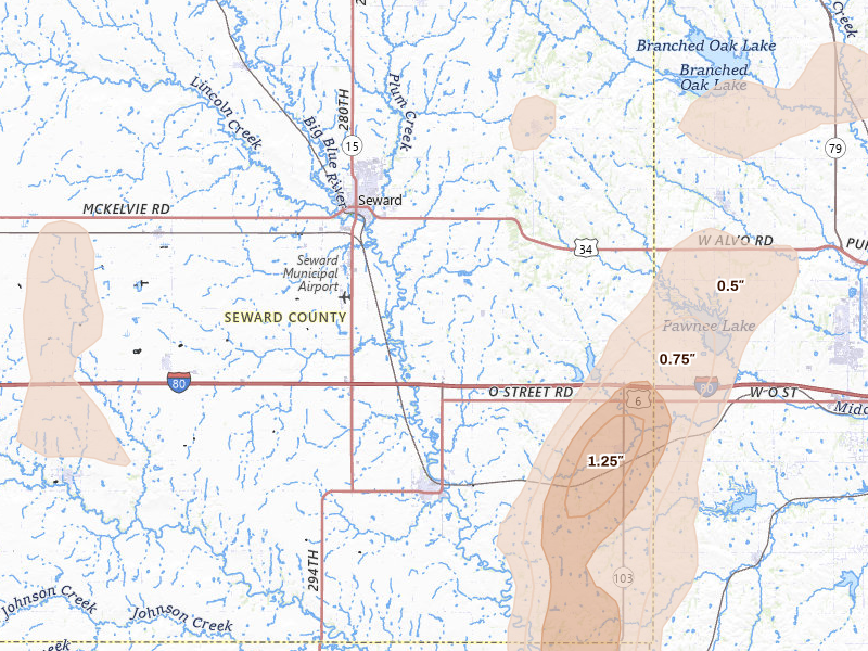 Radar-estimated hail-size map of the storm over Seward, NE on May 16, 2026