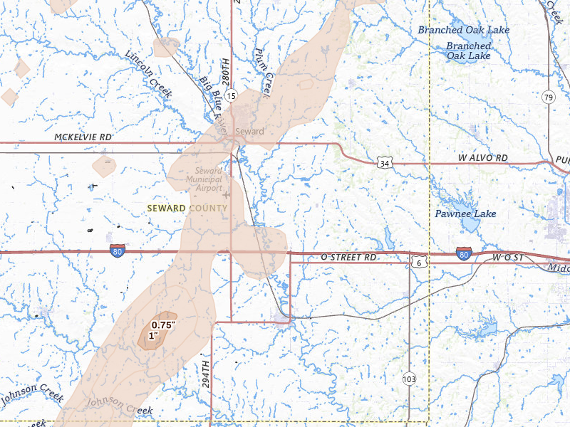 Radar-estimated hail-size map of the storm over Seward, NE on May 18, 2026
