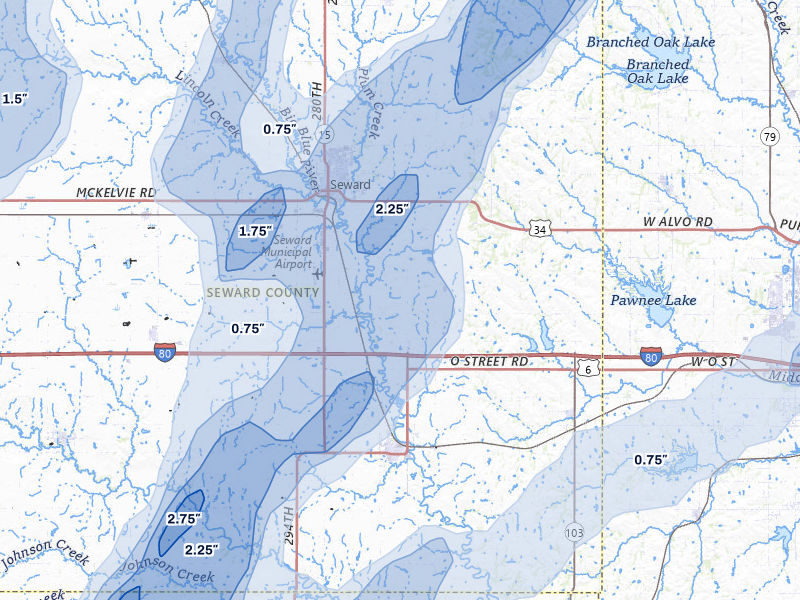 NEXRAD radar-signature map of the hail storm over Seward, NE on May 18, 2026