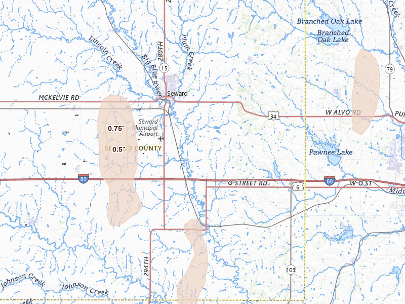 Radar-estimated hail-size map of the storm over Seward, NE on May 30, 2026