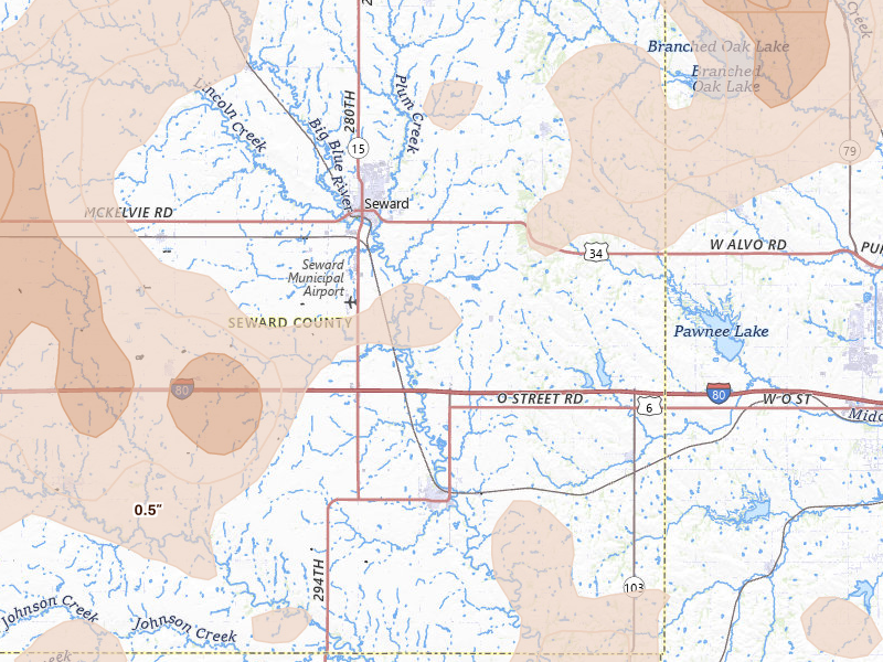 Radar-estimated hail-size map of the storm over Seward, NE on Jun 5, 2026
