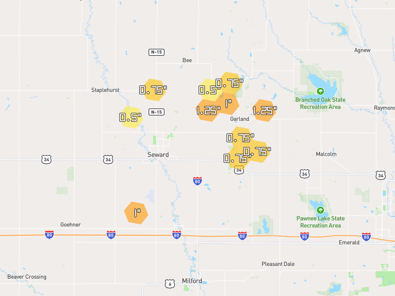 Hail map of Seward, NE on Jun 6, 2026, hail up to 1.25"