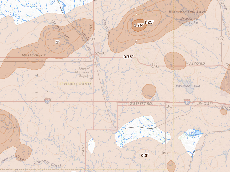 Radar-estimated hail-size map of the storm over Seward, NE on Jun 10, 2026