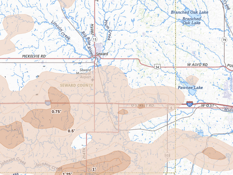 Radar-estimated hail-size map of the storm over Seward, NE on Jul 3, 2026