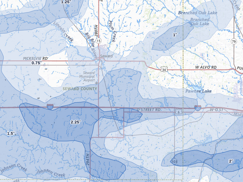 NEXRAD radar-signature map of the hail storm over Seward, NE on Jul 3, 2026