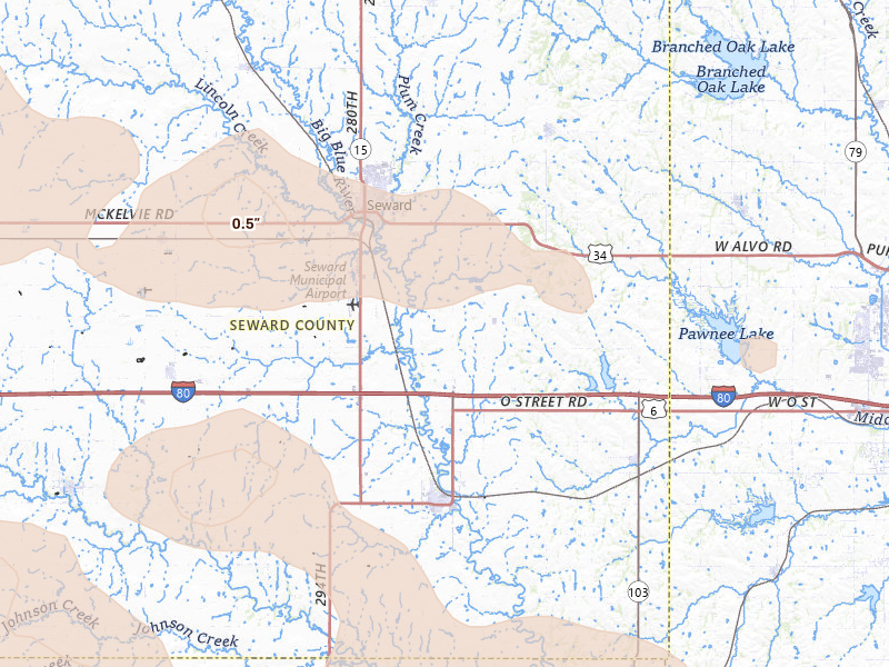 Radar-estimated hail-size map of the storm over Seward, NE on Jul 8, 2026