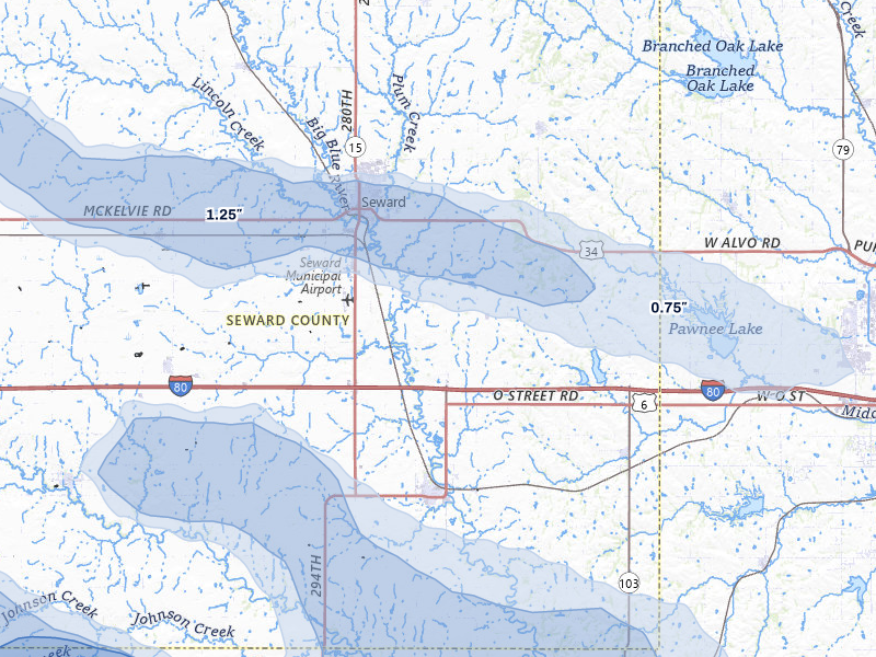 NEXRAD radar-signature map of the hail storm over Seward, NE on Jul 8, 2026