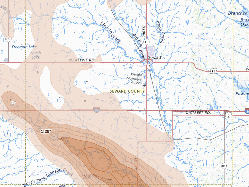Radar-estimated hail-size map of the storm over Seward, NE on Aug 17, 2026
