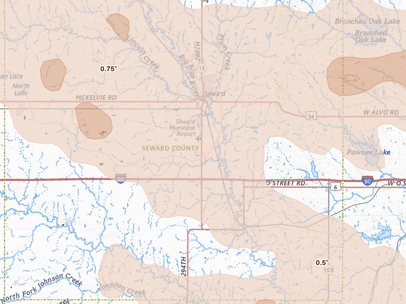 Radar-estimated hail-size map of the storm over Seward, NE on Aug 19, 2026