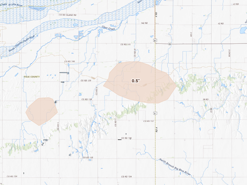 Radar-estimated hail-size map of the storm over Shelby, NE on May 29, 2026
