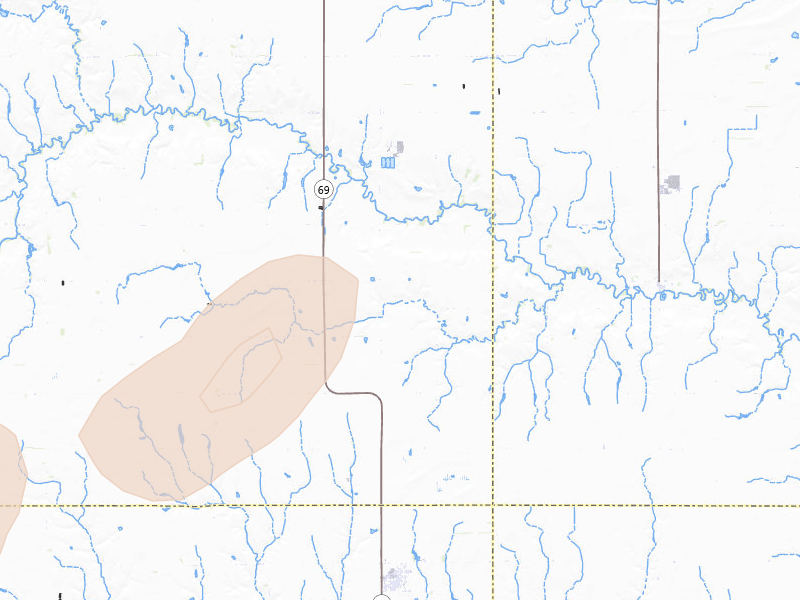Radar-estimated hail-size map of the storm over Shelby, NE on Jul 1, 2026