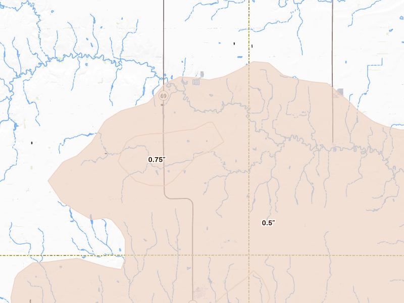 Radar-estimated hail-size map of the storm over Shelby, NE on Aug 17, 2026