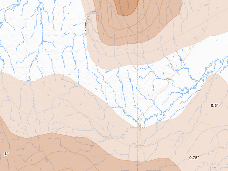 Radar-estimated hail-size map of the storm over Shelton, NE on May 16, 2026