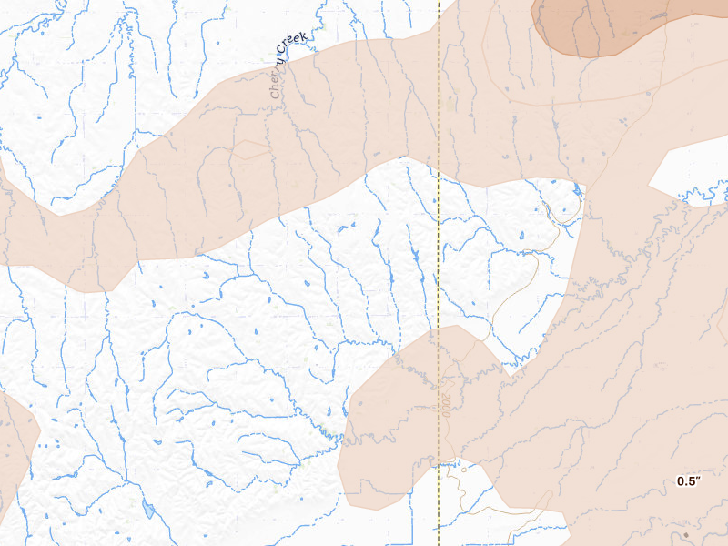 Radar-estimated hail-size map of the storm over Shelton, NE on Jun 5, 2026