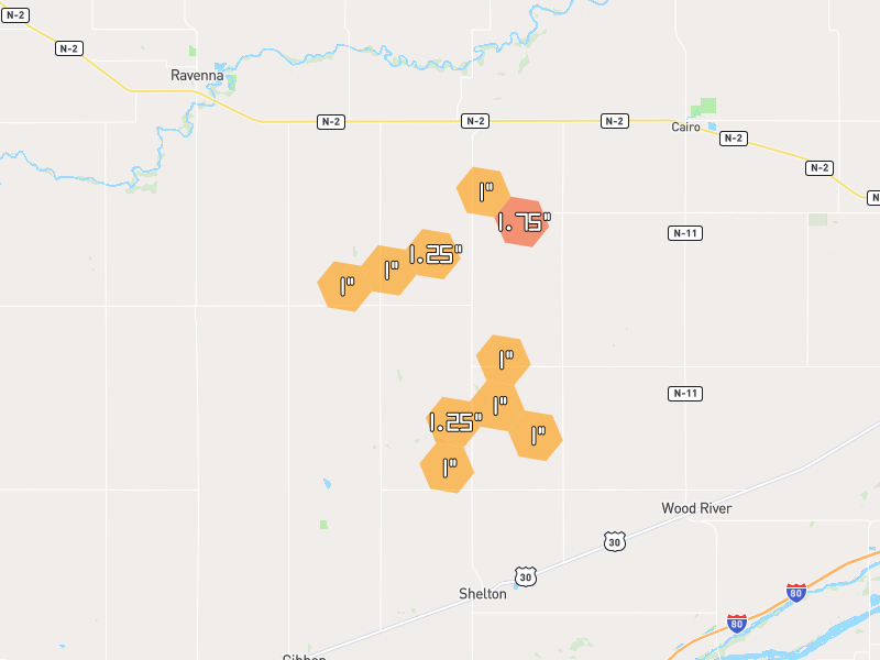 Hail map of Shelton, NE on Jun 6, 2026, hail up to 1.75"