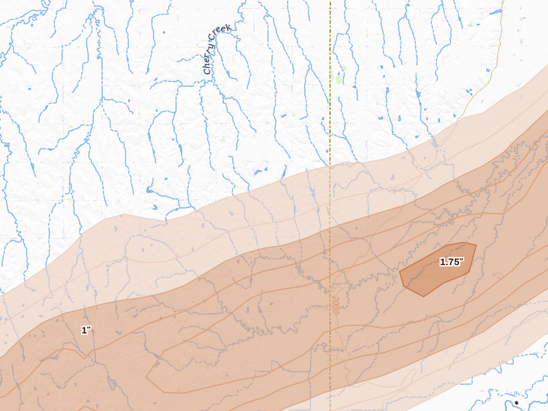 Radar-estimated hail-size map of the storm over Shelton, NE on Jun 10, 2026