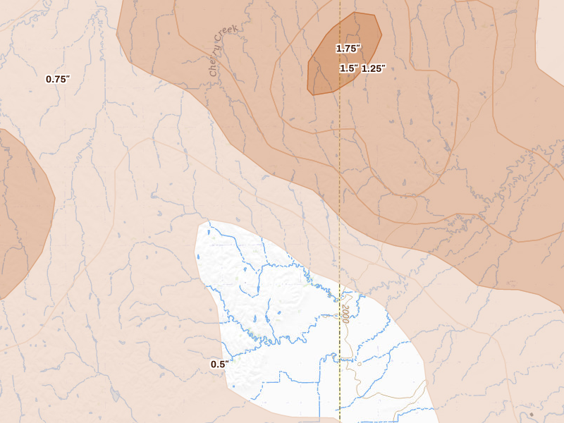 Radar-estimated hail-size map of the storm over Shelton, NE on Jun 20, 2026