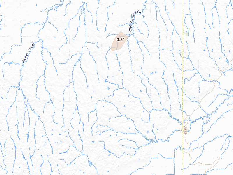 Radar-estimated hail-size map of the storm over Shelton, NE on Aug 13, 2026