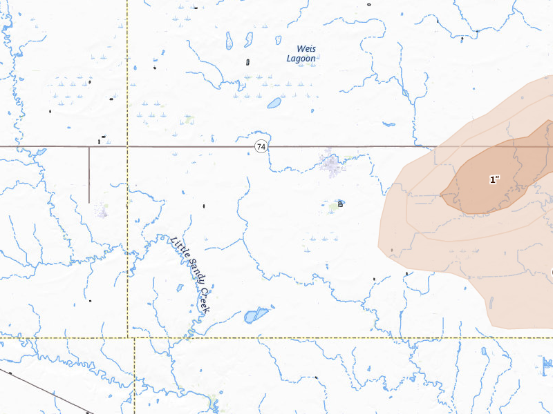 Radar-estimated hail-size map of the storm over Shickley, NE on Apr 25, 2026