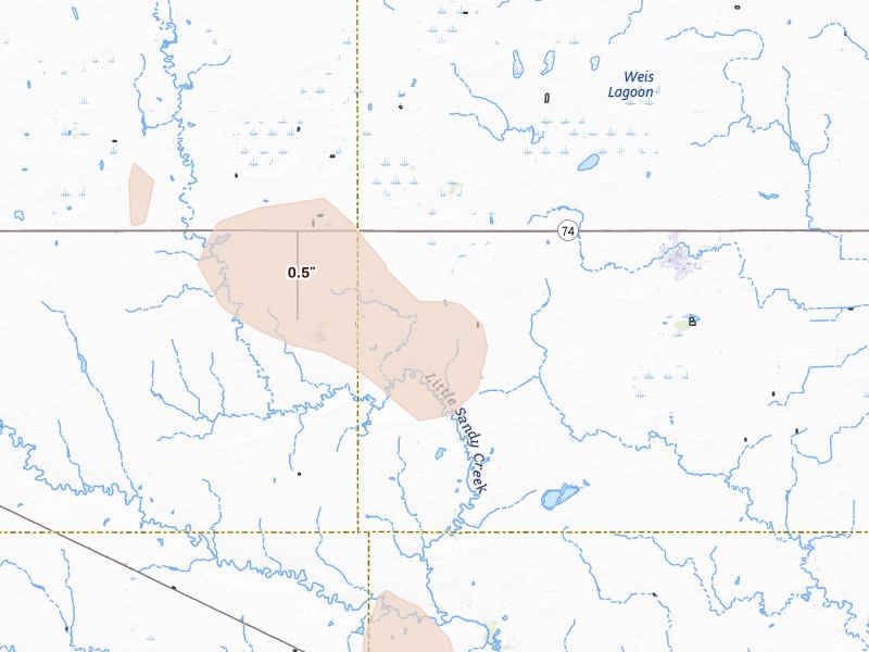 Radar-estimated hail-size map of the storm over Shickley, NE on Jun 1, 2026