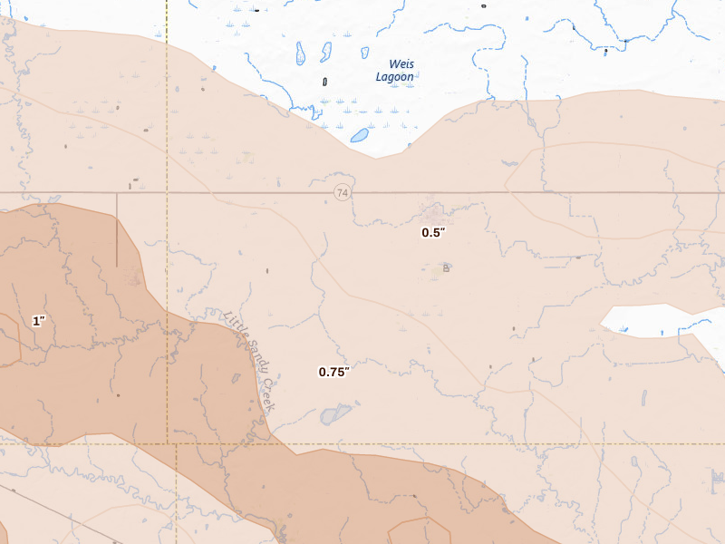 Radar-estimated hail-size map of the storm over Shickley, NE on Jun 20, 2026