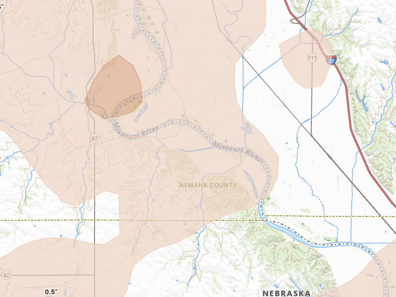 Radar-estimated hail-size map of the storm over Shubert, NE on Apr 23, 2026