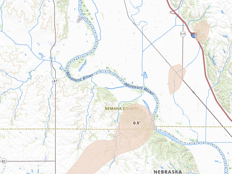 Radar-estimated hail-size map of the storm over Shubert, NE on Apr 26, 2026