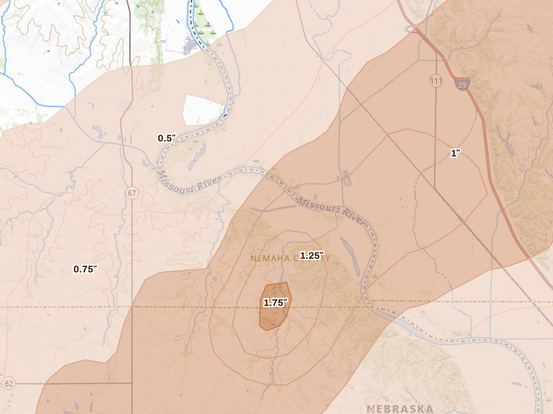 Radar-estimated hail-size map of the storm over Shubert, NE on May 18, 2026