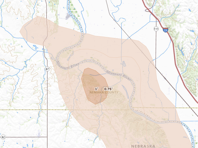 Radar-estimated hail-size map of the storm over Shubert, NE on Jul 3, 2026