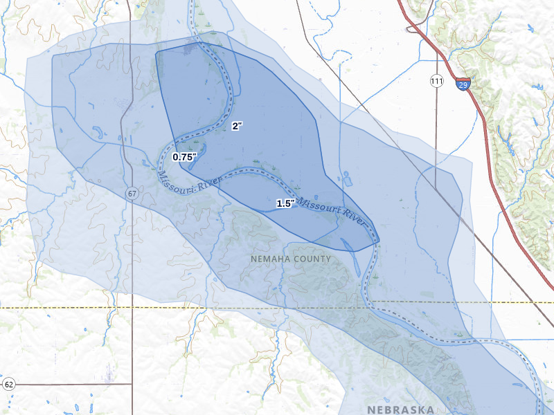 NEXRAD radar-signature map of the hail storm over Shubert, NE on Jul 3, 2026