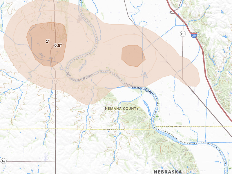 Radar-estimated hail-size map of the storm over Shubert, NE