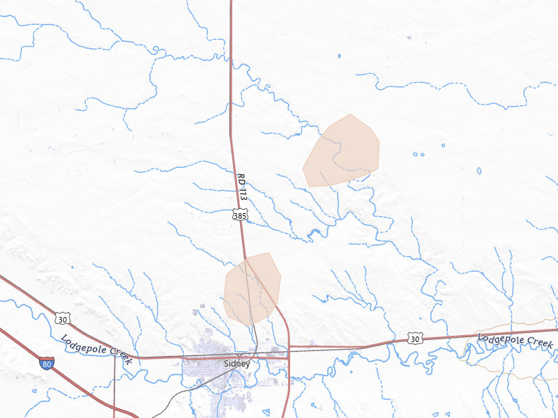 Radar-estimated hail-size map of the storm over Sidney, NE on May 16, 2026