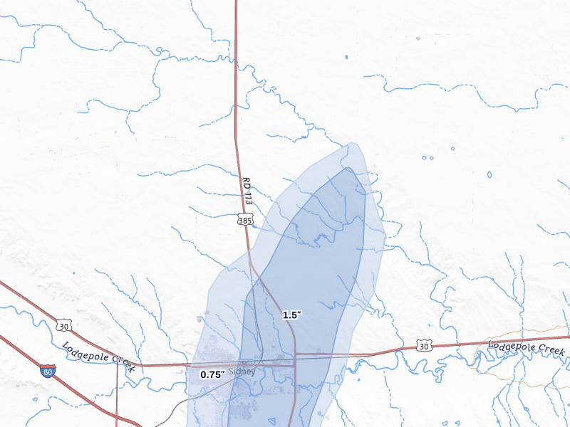 NEXRAD radar-signature map of the hail storm over Sidney, NE on May 16, 2026