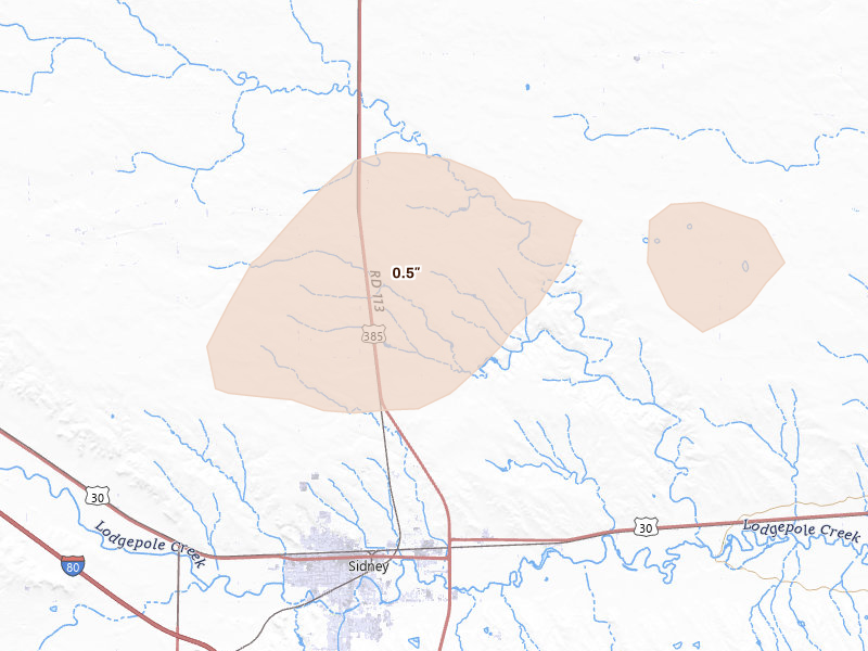 Radar-estimated hail-size map of the storm over Sidney, NE on Jun 4, 2026